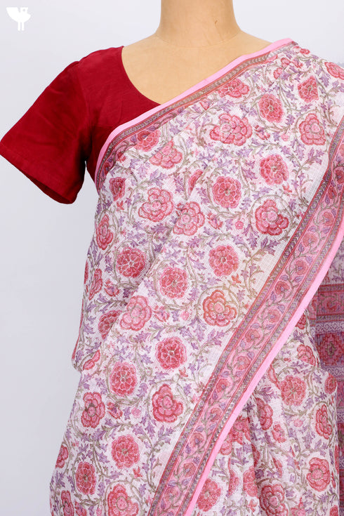Kota Doria Saree In Floral Block Print